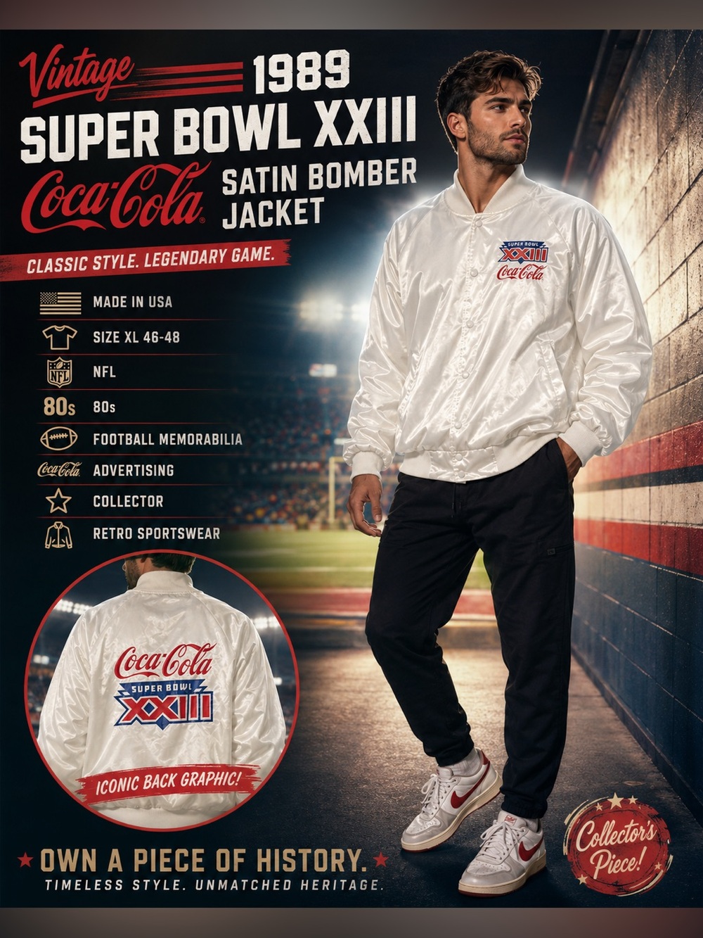 Coca Cola White Satin Bomber Jacket with Red & Blue Logo vintage 1989 collection